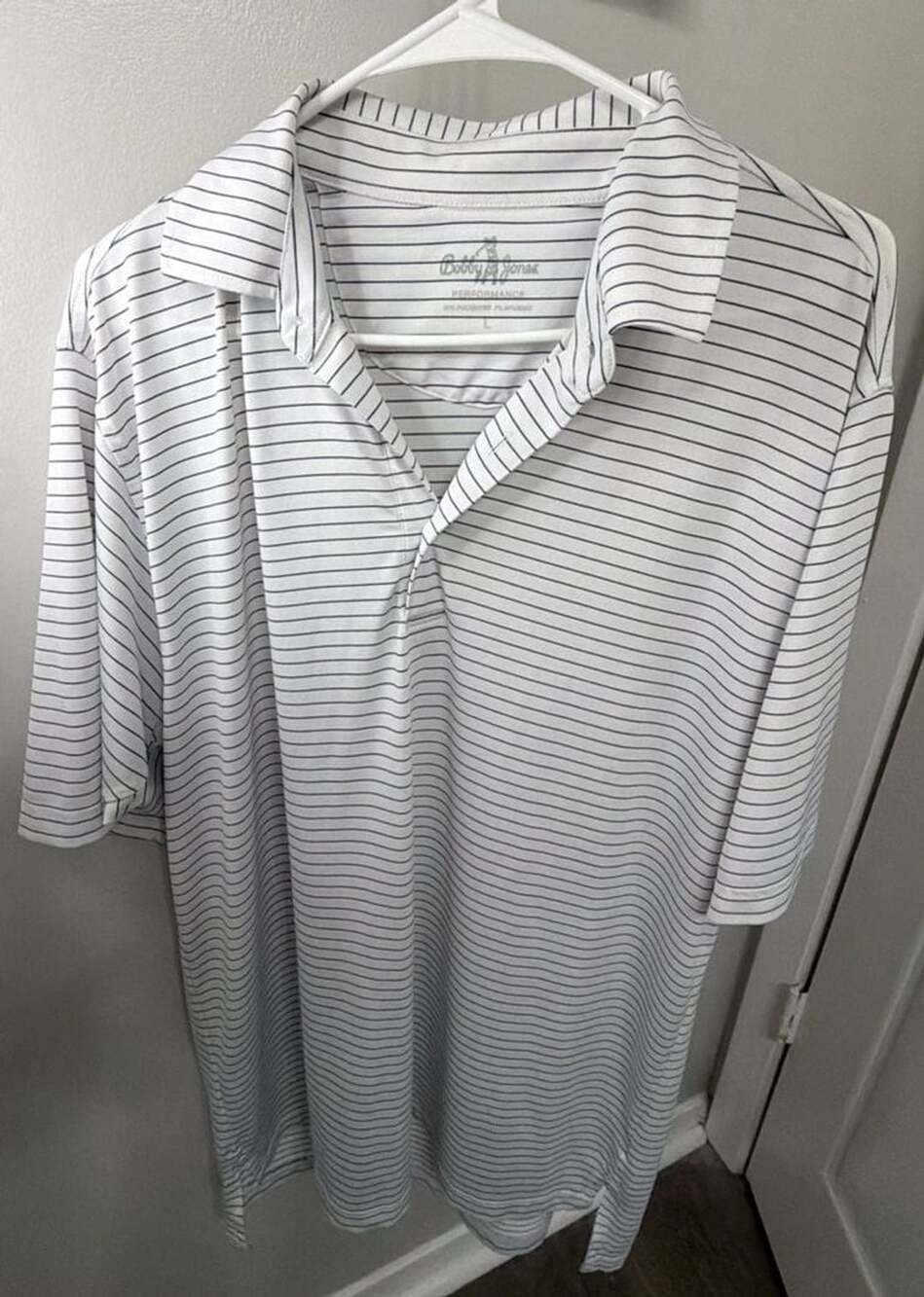 Bobby Jones Performance Men's White Navy Striped Golf Polo Shirt Size L